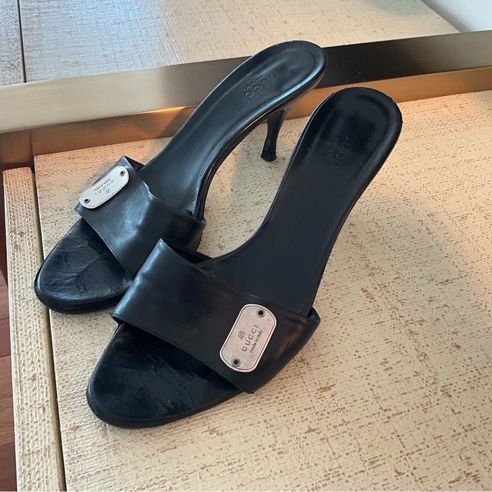 Gucci Black Leather Slide Heels with Silver Logo Plaques